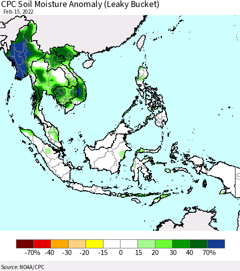South East Asia CPC Soil Moisture Anomaly (Leaky Bucket) Thematic Map For 2/11/2022 - 2/15/2022