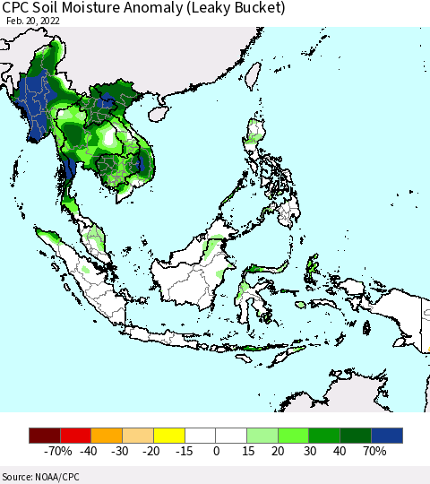 South East Asia CPC Soil Moisture Anomaly (Leaky Bucket) Thematic Map For 2/16/2022 - 2/20/2022