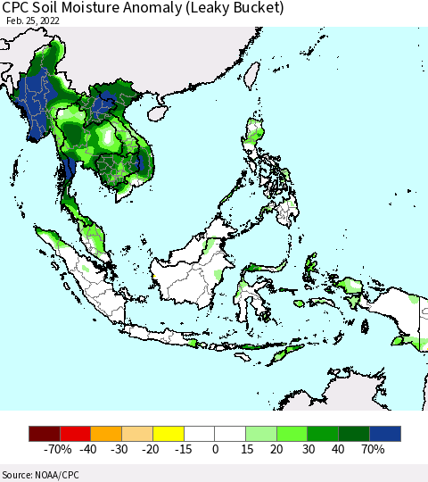 South East Asia CPC Soil Moisture Anomaly (Leaky Bucket) Thematic Map For 2/21/2022 - 2/25/2022