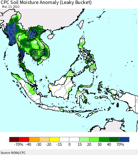 South East Asia CPC Soil Moisture Anomaly (Leaky Bucket) Thematic Map For 3/11/2022 - 3/15/2022