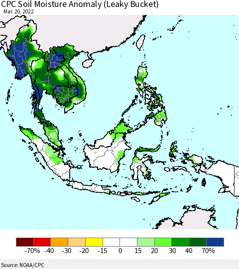 South East Asia CPC Soil Moisture Anomaly (Leaky Bucket) Thematic Map For 3/16/2022 - 3/20/2022