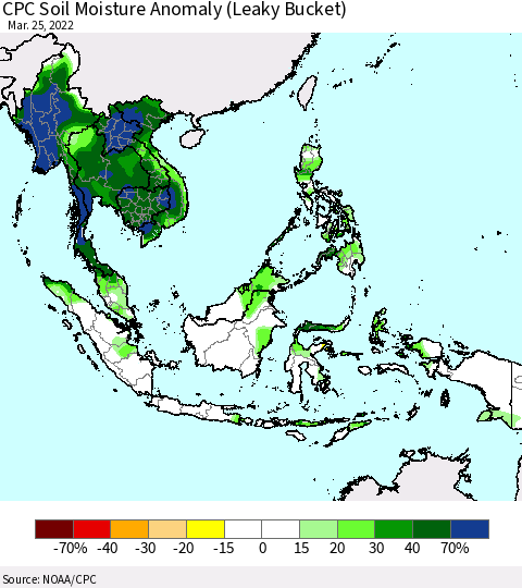 South East Asia CPC Soil Moisture Anomaly (Leaky Bucket) Thematic Map For 3/21/2022 - 3/25/2022