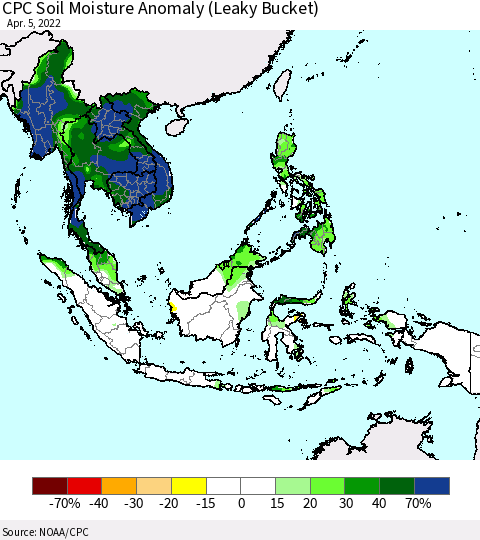 South East Asia CPC Soil Moisture Anomaly (Leaky Bucket) Thematic Map For 4/1/2022 - 4/5/2022