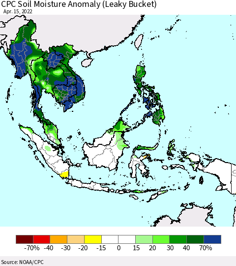 South East Asia CPC Soil Moisture Anomaly (Leaky Bucket) Thematic Map For 4/11/2022 - 4/15/2022