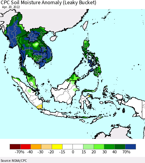South East Asia CPC Soil Moisture Anomaly (Leaky Bucket) Thematic Map For 4/16/2022 - 4/20/2022