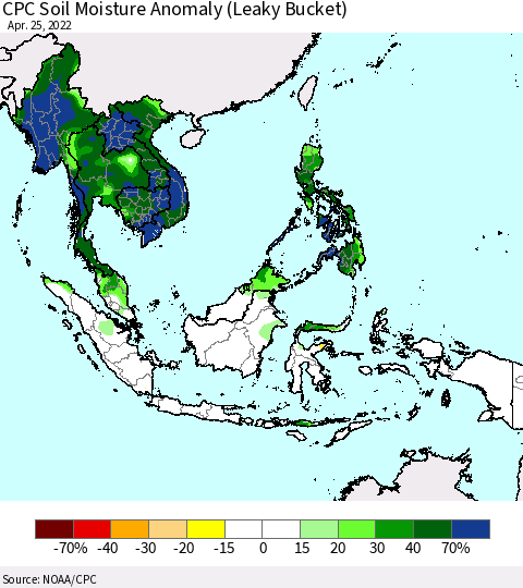South East Asia CPC Soil Moisture Anomaly (Leaky Bucket) Thematic Map For 4/21/2022 - 4/25/2022