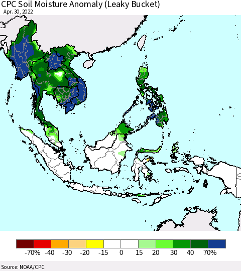 South East Asia CPC Soil Moisture Anomaly (Leaky Bucket) Thematic Map For 4/26/2022 - 4/30/2022