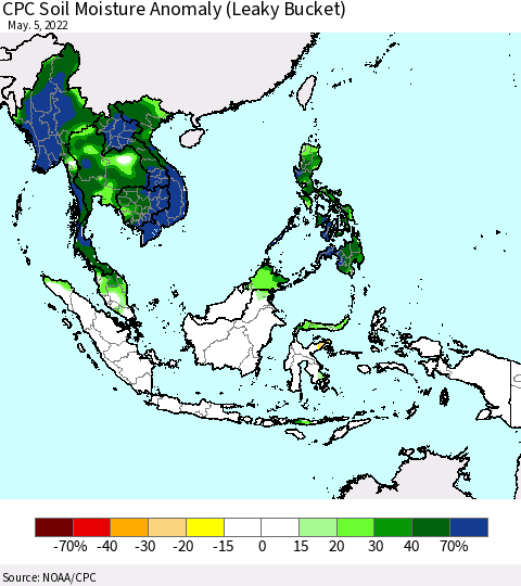 South East Asia CPC Soil Moisture Anomaly (Leaky Bucket) Thematic Map For 5/1/2022 - 5/5/2022