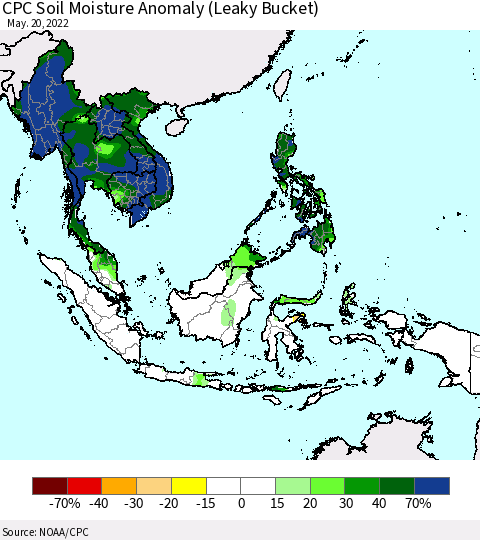 South East Asia CPC Soil Moisture Anomaly (Leaky Bucket) Thematic Map For 5/16/2022 - 5/20/2022