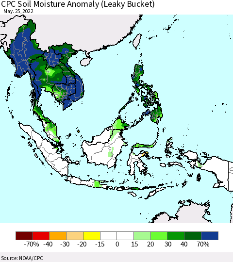 South East Asia CPC Soil Moisture Anomaly (Leaky Bucket) Thematic Map For 5/21/2022 - 5/25/2022