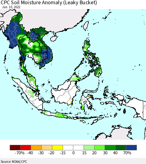 South East Asia CPC Soil Moisture Anomaly (Leaky Bucket) Thematic Map For 6/6/2022 - 6/10/2022