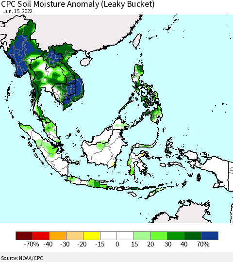 South East Asia CPC Soil Moisture Anomaly (Leaky Bucket) Thematic Map For 6/11/2022 - 6/15/2022