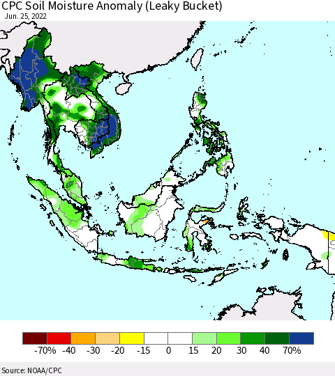 South East Asia CPC Soil Moisture Anomaly (Leaky Bucket) Thematic Map For 6/21/2022 - 6/25/2022
