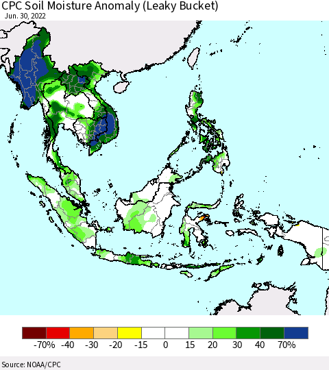 South East Asia CPC Soil Moisture Anomaly (Leaky Bucket) Thematic Map For 6/26/2022 - 6/30/2022