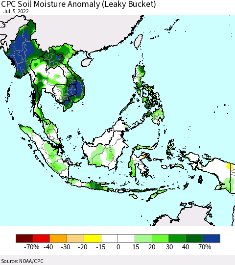 South East Asia CPC Soil Moisture Anomaly (Leaky Bucket) Thematic Map For 7/1/2022 - 7/5/2022