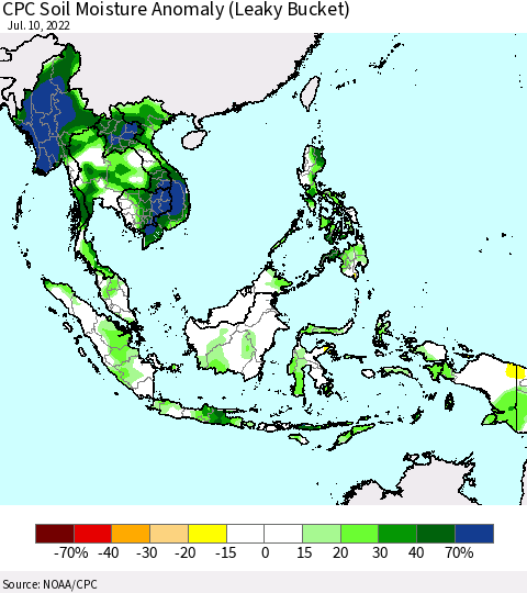South East Asia CPC Soil Moisture Anomaly (Leaky Bucket) Thematic Map For 7/6/2022 - 7/10/2022