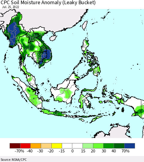 South East Asia CPC Soil Moisture Anomaly (Leaky Bucket) Thematic Map For 7/21/2022 - 7/25/2022