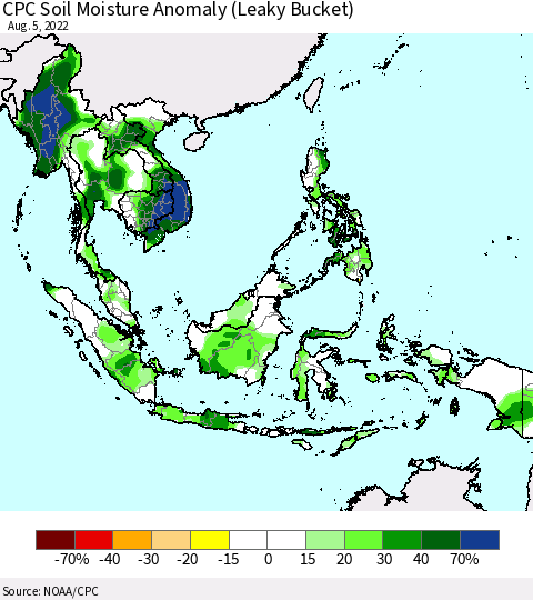 South East Asia CPC Soil Moisture Anomaly (Leaky Bucket) Thematic Map For 8/1/2022 - 8/5/2022