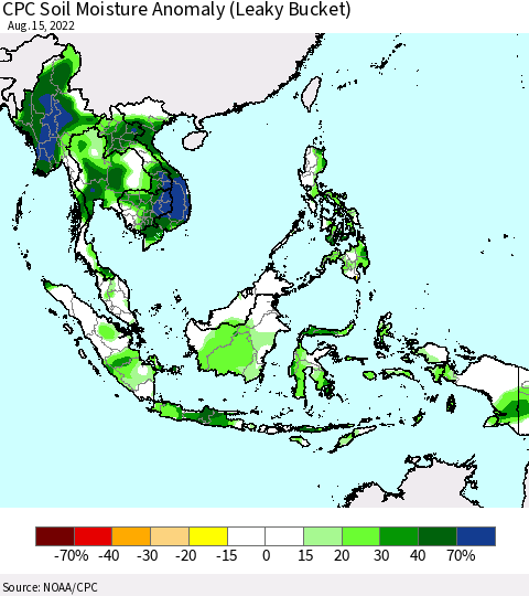 South East Asia CPC Soil Moisture Anomaly (Leaky Bucket) Thematic Map For 8/11/2022 - 8/15/2022