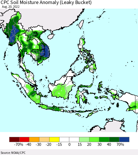 South East Asia CPC Soil Moisture Anomaly (Leaky Bucket) Thematic Map For 8/16/2022 - 8/20/2022