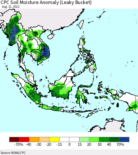 South East Asia CPC Soil Moisture Anomaly (Leaky Bucket) Thematic Map For 8/26/2022 - 8/31/2022