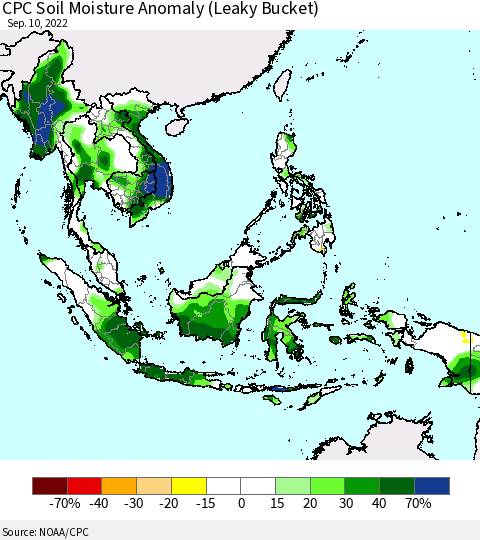 South East Asia CPC Soil Moisture Anomaly (Leaky Bucket) Thematic Map For 9/6/2022 - 9/10/2022