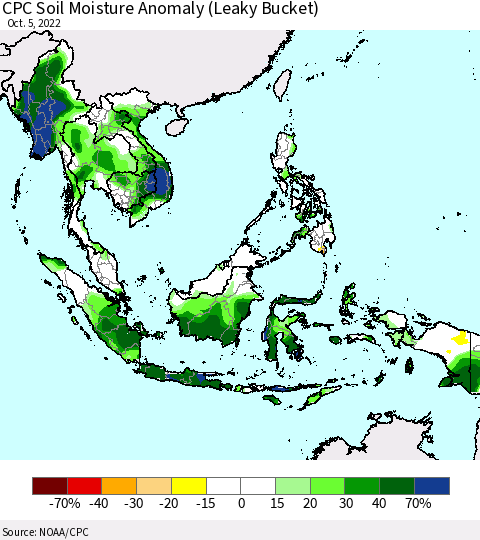 South East Asia CPC Soil Moisture Anomaly (Leaky Bucket) Thematic Map For 10/1/2022 - 10/5/2022