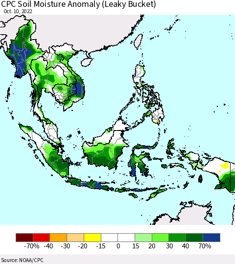 South East Asia CPC Soil Moisture Anomaly (Leaky Bucket) Thematic Map For 10/6/2022 - 10/10/2022