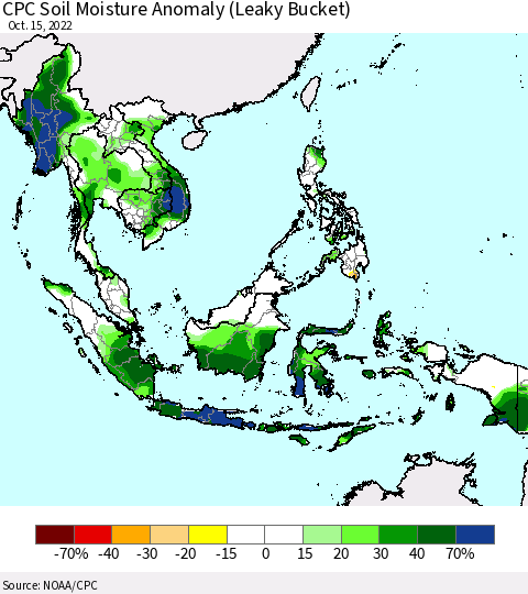 South East Asia CPC Soil Moisture Anomaly (Leaky Bucket) Thematic Map For 10/11/2022 - 10/15/2022