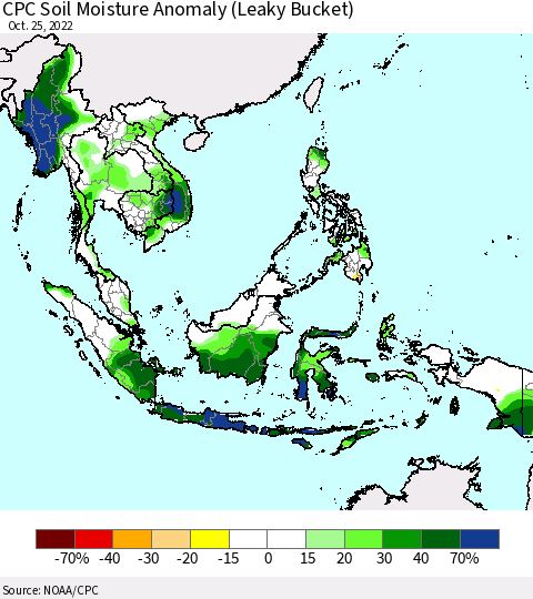 South East Asia CPC Soil Moisture Anomaly (Leaky Bucket) Thematic Map For 10/21/2022 - 10/25/2022