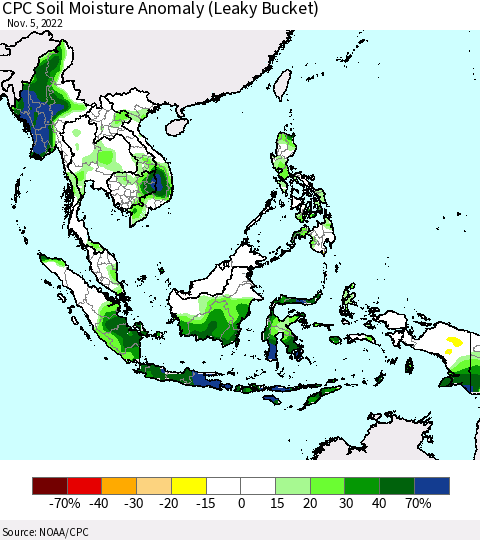 South East Asia CPC Soil Moisture Anomaly (Leaky Bucket) Thematic Map For 11/1/2022 - 11/5/2022