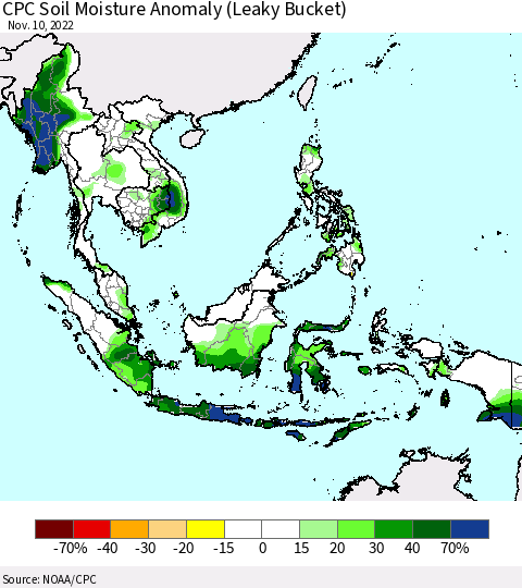 South East Asia CPC Soil Moisture Anomaly (Leaky Bucket) Thematic Map For 11/6/2022 - 11/10/2022