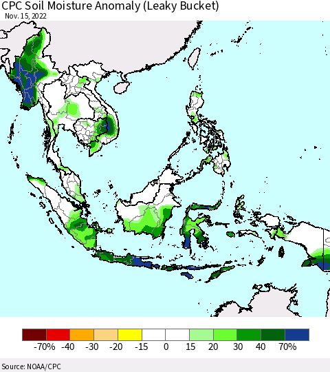 South East Asia CPC Soil Moisture Anomaly (Leaky Bucket) Thematic Map For 11/11/2022 - 11/15/2022