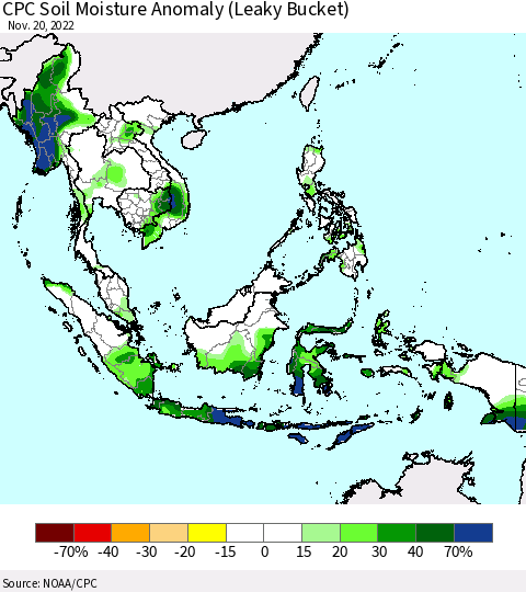 South East Asia CPC Soil Moisture Anomaly (Leaky Bucket) Thematic Map For 11/16/2022 - 11/20/2022