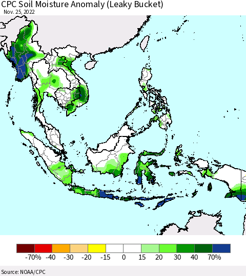 South East Asia CPC Soil Moisture Anomaly (Leaky Bucket) Thematic Map For 11/21/2022 - 11/25/2022