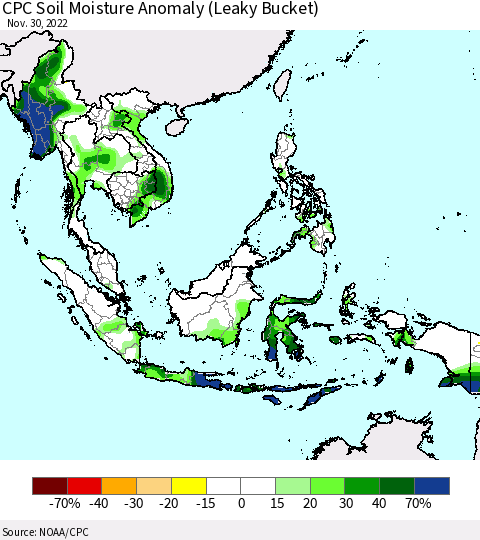 South East Asia CPC Soil Moisture Anomaly (Leaky Bucket) Thematic Map For 11/26/2022 - 11/30/2022