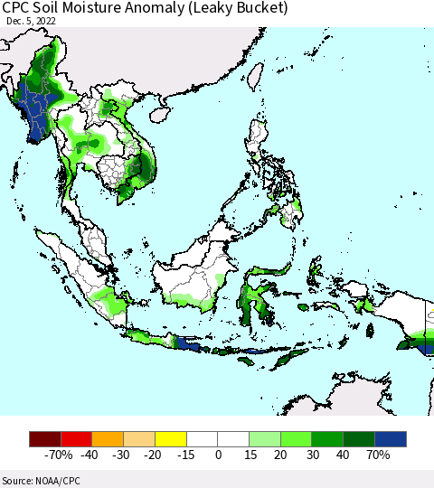 South East Asia CPC Soil Moisture Anomaly (Leaky Bucket) Thematic Map For 12/1/2022 - 12/5/2022