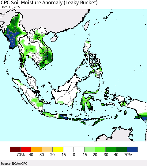 South East Asia CPC Soil Moisture Anomaly (Leaky Bucket) Thematic Map For 12/6/2022 - 12/10/2022