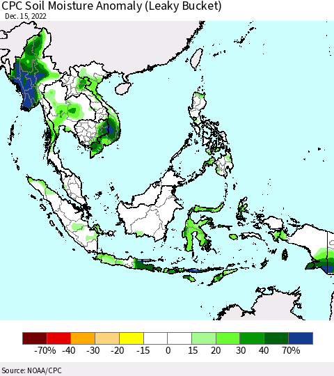 South East Asia CPC Soil Moisture Anomaly (Leaky Bucket) Thematic Map For 12/11/2022 - 12/15/2022