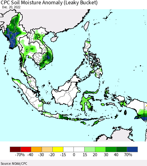 South East Asia CPC Soil Moisture Anomaly (Leaky Bucket) Thematic Map For 12/16/2022 - 12/20/2022