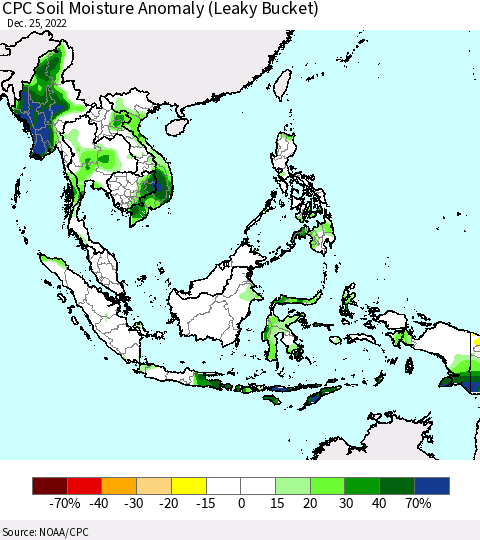 South East Asia CPC Soil Moisture Anomaly (Leaky Bucket) Thematic Map For 12/21/2022 - 12/25/2022