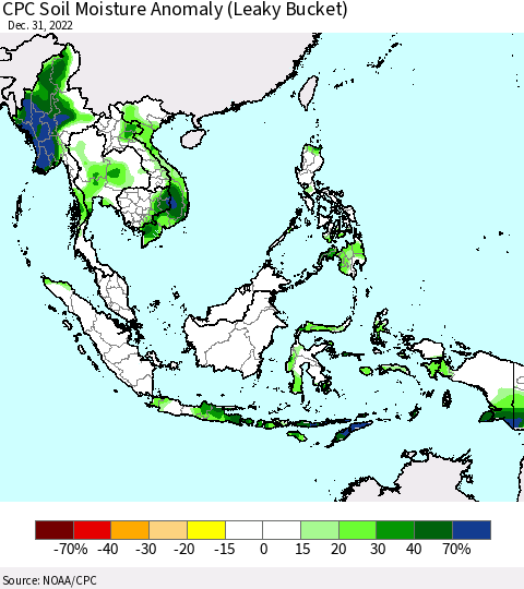 South East Asia CPC Soil Moisture Anomaly (Leaky Bucket) Thematic Map For 12/26/2022 - 12/31/2022