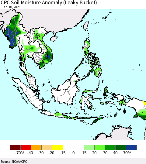 South East Asia CPC Soil Moisture Anomaly (Leaky Bucket) Thematic Map For 1/6/2023 - 1/10/2023
