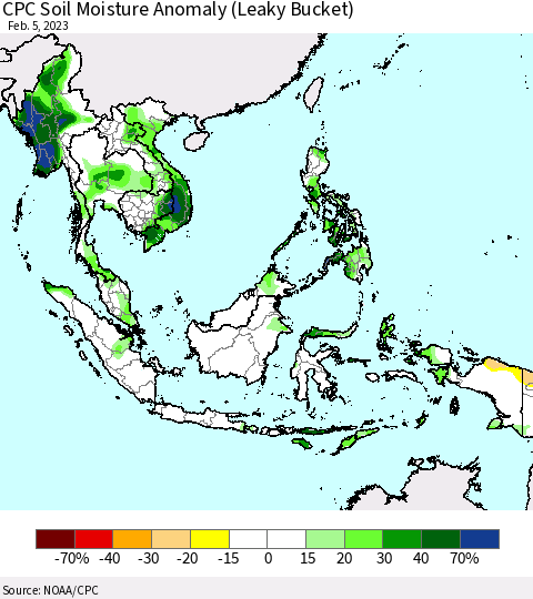 South East Asia CPC Soil Moisture Anomaly (Leaky Bucket) Thematic Map For 2/1/2023 - 2/5/2023