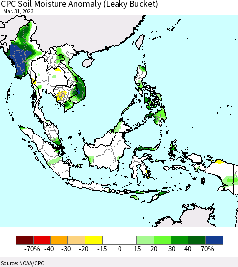 South East Asia CPC Soil Moisture Anomaly (Leaky Bucket) Thematic Map For 3/26/2023 - 3/31/2023
