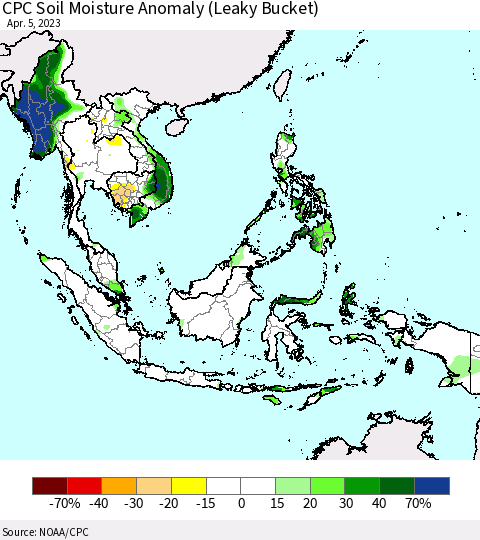 South East Asia CPC Soil Moisture Anomaly (Leaky Bucket) Thematic Map For 4/1/2023 - 4/5/2023