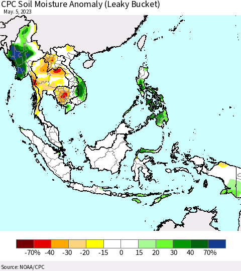 South East Asia CPC Soil Moisture Anomaly (Leaky Bucket) Thematic Map For 5/1/2023 - 5/5/2023