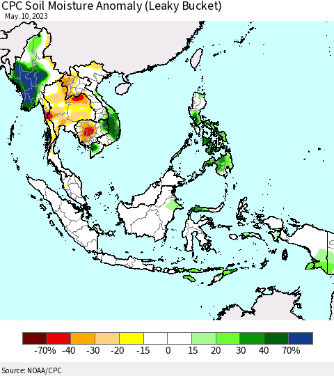 South East Asia CPC Soil Moisture Anomaly (Leaky Bucket) Thematic Map For 5/6/2023 - 5/10/2023
