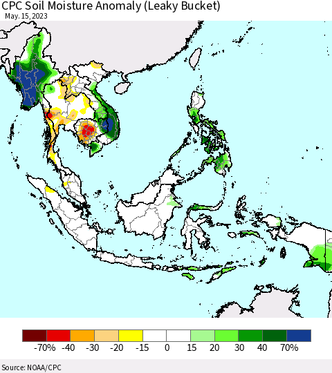 South East Asia CPC Soil Moisture Anomaly (Leaky Bucket) Thematic Map For 5/11/2023 - 5/15/2023