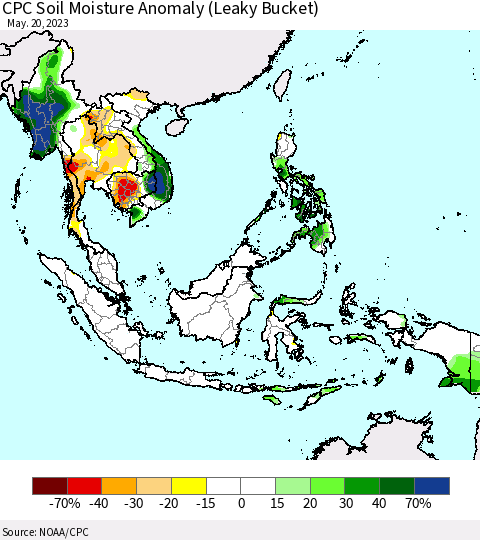 South East Asia CPC Soil Moisture Anomaly (Leaky Bucket) Thematic Map For 5/16/2023 - 5/20/2023